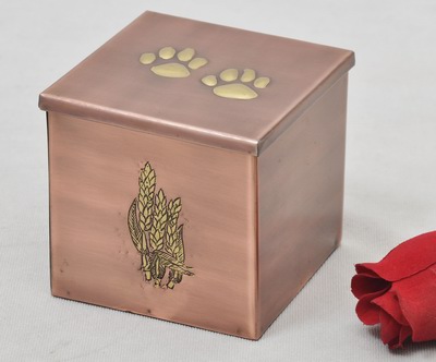 PET CREMATION PAW MARK URN
ITEM NO. 6888
MATERIAL:- IRON RECTANGLE PET URN.
SIZE:- 14 CMS.
CAPACITY:- 1.50  ML
FINISH:- COPPER ANTIQUE GOLDEN ENGRAVED PAW MARK AT THE  TOP OF LID.
PRICE:-
PACKING :- SINGLE BOX UNDER 36 PCS MASTER CARTON

Keywords: PET URN